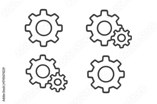 Gear icon set. Cogwheels symbol for settings, options, progress. Mechanical process & system concept. Teamwork, connection metaphor. Outline vector graphic for app, web UI.