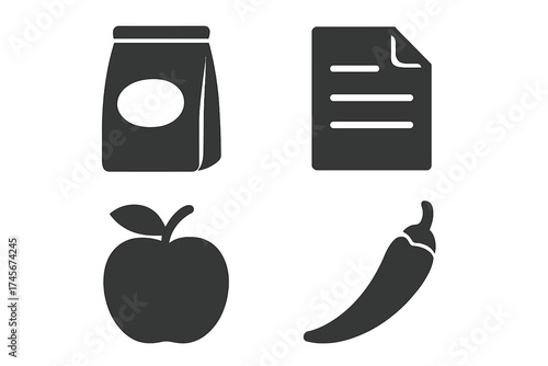 Food and grocery vector icon set. Menu, product list, and flavor icons for stock. Includes takeout bag, recipe document, healthy apple, and spicy chili pepper for delivery apps.