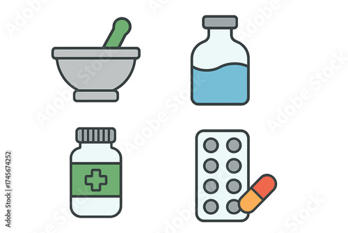 Pharmacy and medicine icon set vector. Mortar and pestle, pill bottle, and blister pack. Pharmaceutical drug and healthcare concept. Medical treatment and health symbol collection.