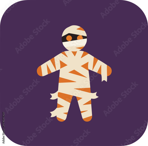 Cartoon mummy illustration with white and orange bandages on a dark purple background