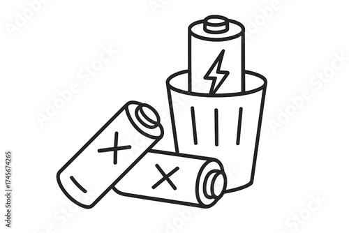 Used batteries disposal icon in outline style. Battery waste, garbage, and trash symbol for recycling concept. Vector illustration of hazardous electronic waste and pollution.