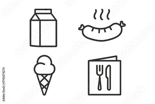 Food and restaurant line icon set. Vector grocery product and menu icons for stock. Simple outline symbols of milk, sausage, ice cream, and dining for web design and apps.