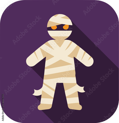 Stylized cartoon mummy with orange sunglasses on purple background