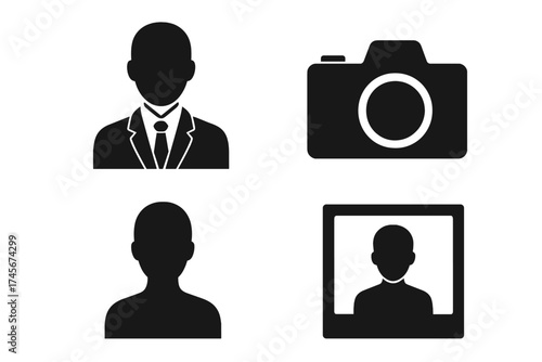 Vector icon set of user profile avatar. Professional business man in suit. Person silhouette for ID. Photo camera and portrait picture frame sign. Photography symbol illustration.