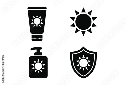 Sunscreen vector icon set. Sunblock cream tube, lotion bottle, sun and shield symbols for UV protection. Summer skincare and sun safety concept. Dermatology glyph pictograms.