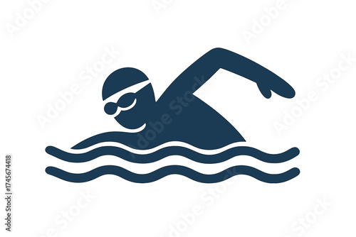 Swimming icon. Swimmer silhouette vector. Man doing front crawl stroke. Water sport competition concept. Athlete training for race. Fitness, exercise & active lifestyle symbol.