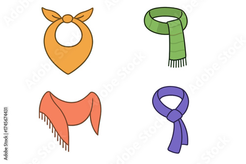 Set of colorful scarf and shawl vector icons. Collection of fashion neckwear accessories like bandana, pashmina, and winter wrap. Flat design clothing illustration isolated.