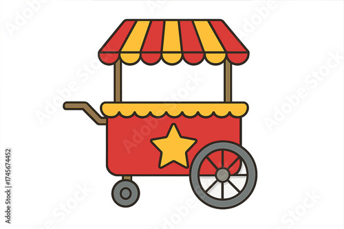 Snack cart icon vector illustration. Food stand for circus, carnival, or fair. Street food kiosk or market trolley. Cartoon style vendor symbol isolated on white background.