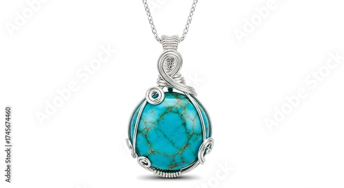 Elegant teardrop shaped turquoise gemstone pendant necklace crafted with intricate silver wire wrapping isolated on white background