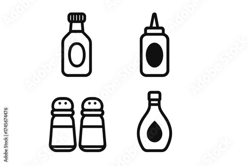 Sauce and condiment line icon set. Vector illustration of ketchup, mustard, soy sauce bottle, salt and pepper shakers. Food seasoning graphic for restaurant menu design.