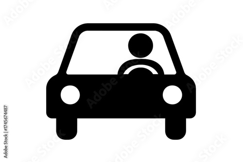 Car driver icon. Black simple vehicle symbol with person inside for web and app design. Vector illustration for transport, driving, automobile, or ride-sharing service.