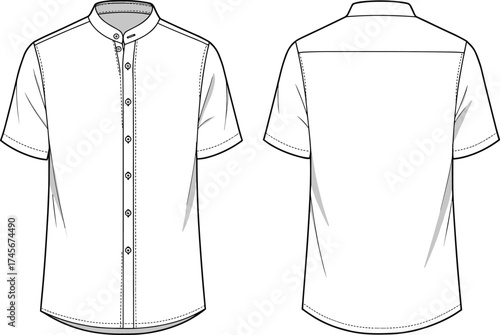 Short sleeve shirt, mandarin collar shirt, band collar shirt, button up shirt, fashion flat sketch, garment design, apparel template, clothing illustration