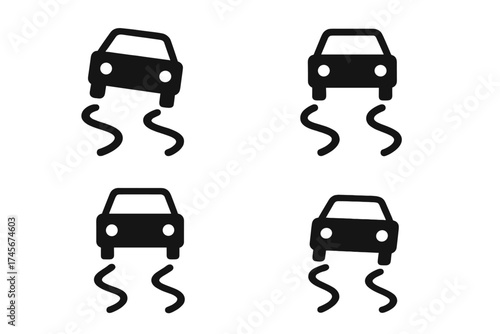 Car skid mark icon set. Slippery road warning sign. Vehicle safety, traction control, ESP symbol. Driving danger, accident, or drift concept. Black vector illustration.