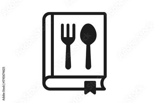 Cookbook icon, recipe book with fork and spoon. Vector for menu, restaurant, cafe. Cooking, food, gastronomy concept. Kitchen symbol, simple flat line art design element.