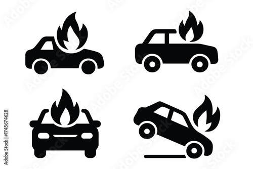 Car fire and accident icon set. Vehicle crash, burning auto, and emergency incident symbols. Simple black silhouette vector for insurance, danger warning, and road safety design.