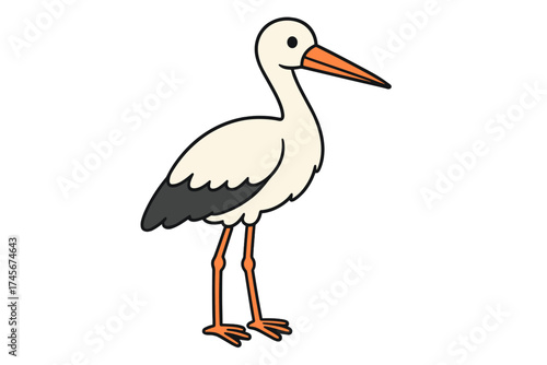 Stork cartoon icon isolated white background. Bird symbol vector illustration. Long-legged wading bird, wildlife nature graphic, animal design, fauna element, colorful flat style.