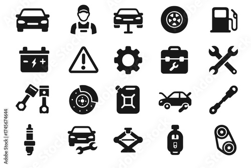 Car service and auto repair black simple icons set. Vector illustration for web. Automotive maintenance, mechanic, garage, workshop, transport, car parts and diagnostics.