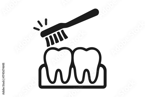 Toothbrush brushing teeth icon. Dental care and oral hygiene concept. Healthy tooth and gums. Vector for dentistry, stomatology, clinic, dentist. Symbol of cleaning teeth.
