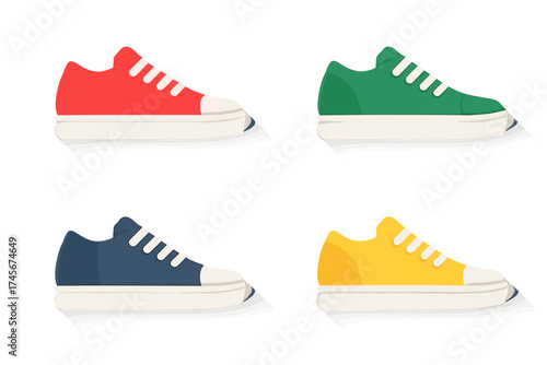 Sneakers shoe set vector illustration. Colorful footwear collection. Red, green, blue, yellow shoes. Flat design icon with long shadow. Sport, fashion, casual, lifestyle concept.
