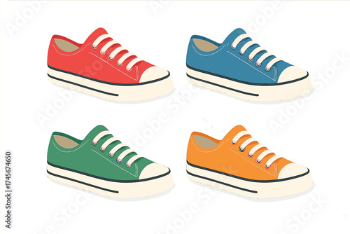 Set of colorful sneakers in isometric view. Vector illustration of casual shoes. Fashion sport footwear collection for design. Red, blue, green, orange trainers icon set.