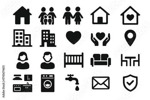 Home and family glyph icon set. Real estate, love, household concepts. Vector collection of simple black pictograms like house, people, heart, furniture, kitchen, security.