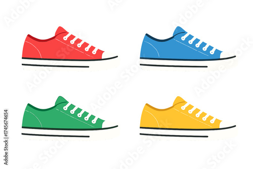 Set of colorful sneakers. Classic canvas sports shoes icon collection. Vector illustration of red, blue, green, yellow footwear for fashion and casual style design element.