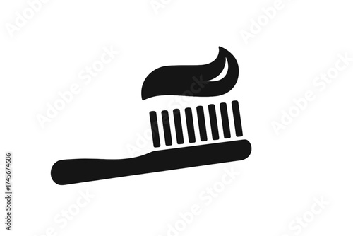 Toothbrush with toothpaste icon for dental care and oral hygiene. Vector symbol for brushing teeth, health, and morning routine. Flat design graphic, toothpaste smear illustration.