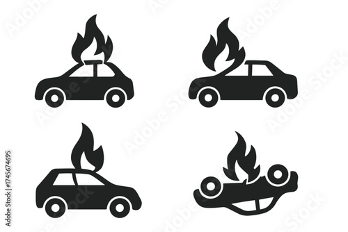 Burning car vector icon set. Vehicle fire, accident, and emergency symbols. Simple black silhouette graphics for transport disaster, danger warning, and insurance design concepts.