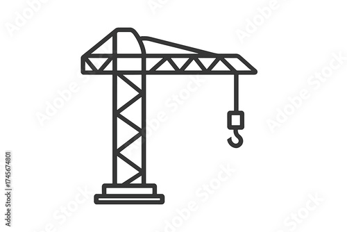 Tower crane icon for construction industry. Building site machinery symbol. Heavy lifting equipment for development and engineering projects. Vector line art illustration of a hoist.