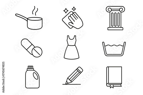 Web icon set in outline style. Vector collection of pictograms for cooking, cleaning, history, medicine, fashion, and washing. Line art for website, app, or graphic design.