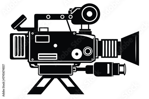 Black and White Icon of a Classic Film Camera on a Tripod Stand