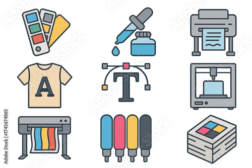 Printing and typography cartoon icons set. Graphic design equipment for print shop. Vector symbols for digital and offset press, 3D printer, plotter, t-shirt and color swatch.