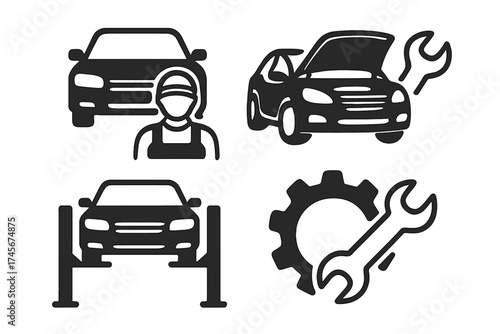 Auto repair vector icon set. Car service, mechanic, maintenance, garage symbols. Icons for car on lift, engine check, wrench, gear. Automotive workshop pictogram collection.