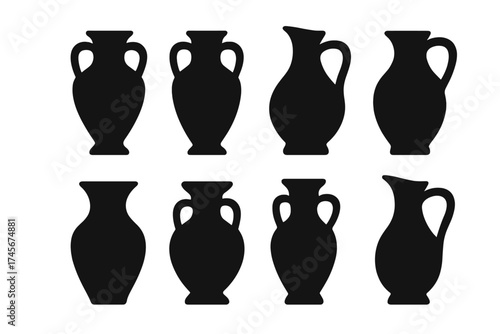 Vase vector icon set silhouette. Black ancient greek and roman amphora, jug, and urn collection. Antique pottery and ceramic artifacts for history or decor concepts.