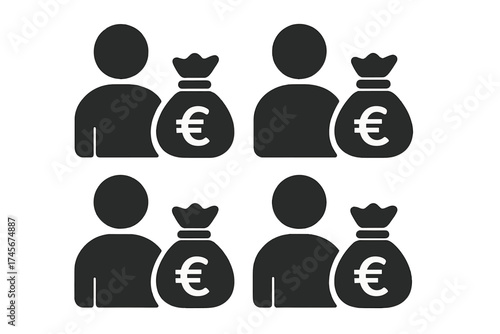 User with euro money bag icon. Rich man with cash sack. Finance, business, banking concept. Salary, income, savings, investment, payment, loan, profit, credit, funding symbol.