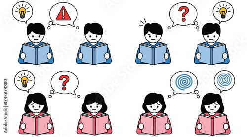 Illustration of students with various thoughts while reading idea and question concept