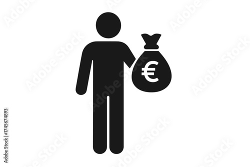 Man holding money bag with euro sign. Financial concept for business, wealth, savings. Investment, profit, income idea. Rich person icon. Salary, payment, banking symbol. Vector.