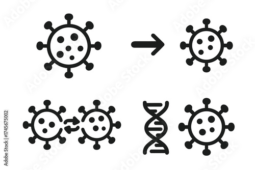 Virus mutation, transmission, and new variant vector icon set. Scientific concepts of evolution, spread, and genetics. Medical and biology pictograms. DNA, RNA, infection.