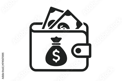 Wallet with cash vector icon. Money bag with dollar sign symbol. Finance, payment, and savings concept. Business, income, and wealth pictogram. Flat glyph illustration.