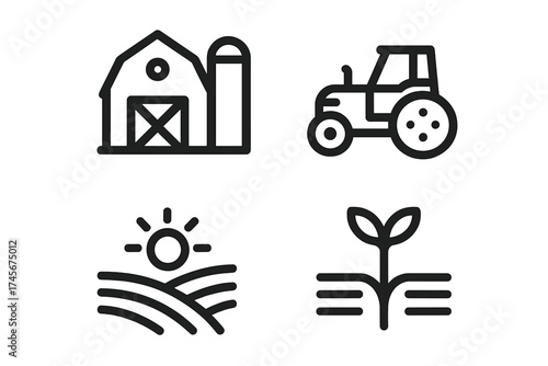 Farm and agriculture icon set. Vector line art symbols of farming. Barn, tractor, field, sun, plant sprout. Organic, natural food, rural countryside life illustration pack.