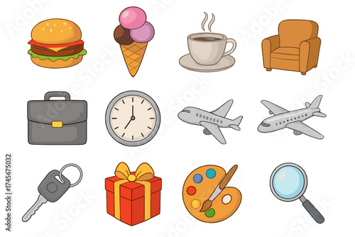 Cartoon icon set for web and mobile. Food, business, travel and leisure concepts. Burger, coffee, airplane, clock, briefcase, gift, art palette vector illustration collection.