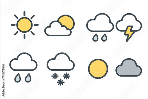 Weather vector icon set. Sun, cloud, rain, storm, snow, lightning bolt. Simple flat line forecast symbol collection for web and mobile app UI. Meteorology climate signs.