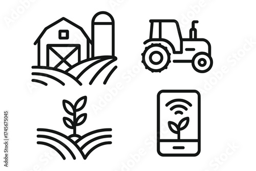 Smart farm icon set. Agritech concept vector. Agriculture technology illustration. Line icons of tractor, barn, plant sprout, phone with wifi signal for precision farming.