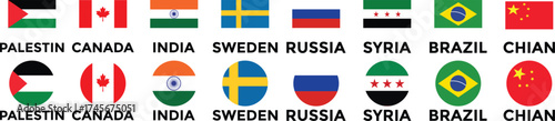Set of flags of countries. Collection of world national flags with country names. Set of international country flags. Palestine, Canada, China, Syria, Russia, Brazil, Sweden, India Flag icon collectio