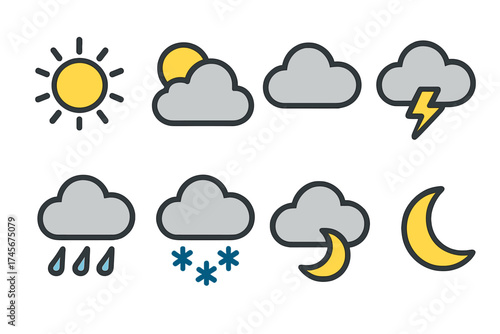 Weather forecast vector icon set. Meteorology line art symbols. Sun for sunny day, partly cloudy, overcast. Storm with lightning, thunder. Rain, rainy. Snow, snowy. Night, moon.