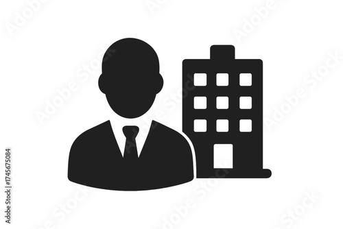 Businessman with company building icon. Symbol of a business person, corporate office, employee, or manager. Real estate agent concept. Flat vector for website, app, UI, logo.