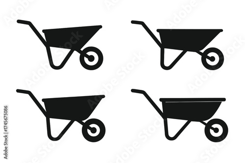 Wheelbarrow icon set vector illustration. Black silhouette of garden cart and construction barrow. Farming and building equipment symbol. Simple flat pushcart graphic element.