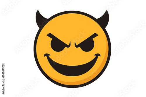 Wicked face emoji icon with devil horns. Vector illustration of an evil smile emoticon. Bad character symbol for Halloween. Naughty, mischievous, and sinister expression.