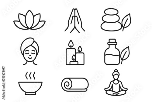 Wellness and spa line icon set. Vector symbols for relaxation, meditation, yoga, beauty treatment. Includes lotus, hot stones, candles, aromatherapy for a zen concept.
