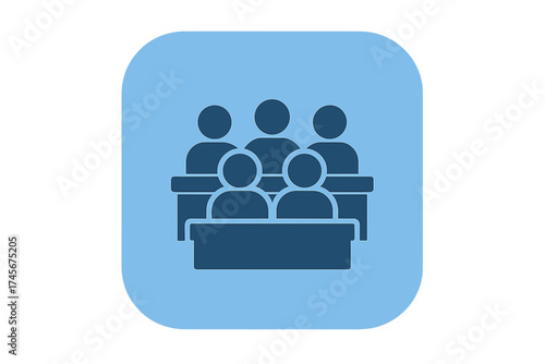 Jury group committee icon, jurors meeting panel vector illustration. Law and justice concept, decision-making team. People sitting in rows for deliberation or conference.
